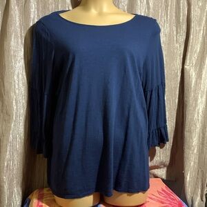 J. Jill Top Blouse L Navy Blue Stretchy Pull Over 3/4 Tiered Ruffled Sleeves